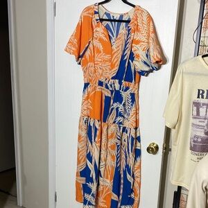 Fig and Flower Orange and Blue Midi Dress